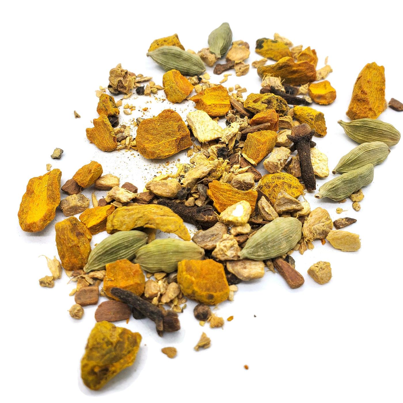 A blend of turmeric, cardemon pods, cacao and cinnamon chips
