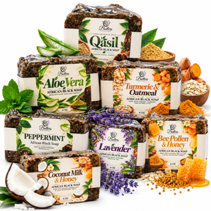 A collection of eight bars of Pollis African Black Soap arranged in a pyramid on a white background, each with a different flavor label including Aloe Vera, Qasir, Turmeric & Oatmeal, Peppermint, Lavender, and Bee Pollen & Honey, styled with their respective ingredients.