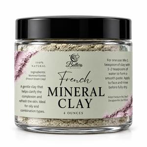 French Mineral Clay powder in a clear 4 oz jar with a black lid on a white background.