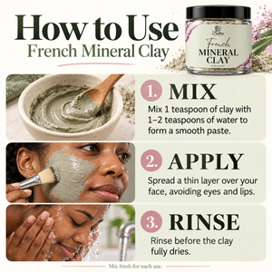 Three steps for using French Mineral Clay: mix with water, apply a thin layer, and rinse before fully dry.