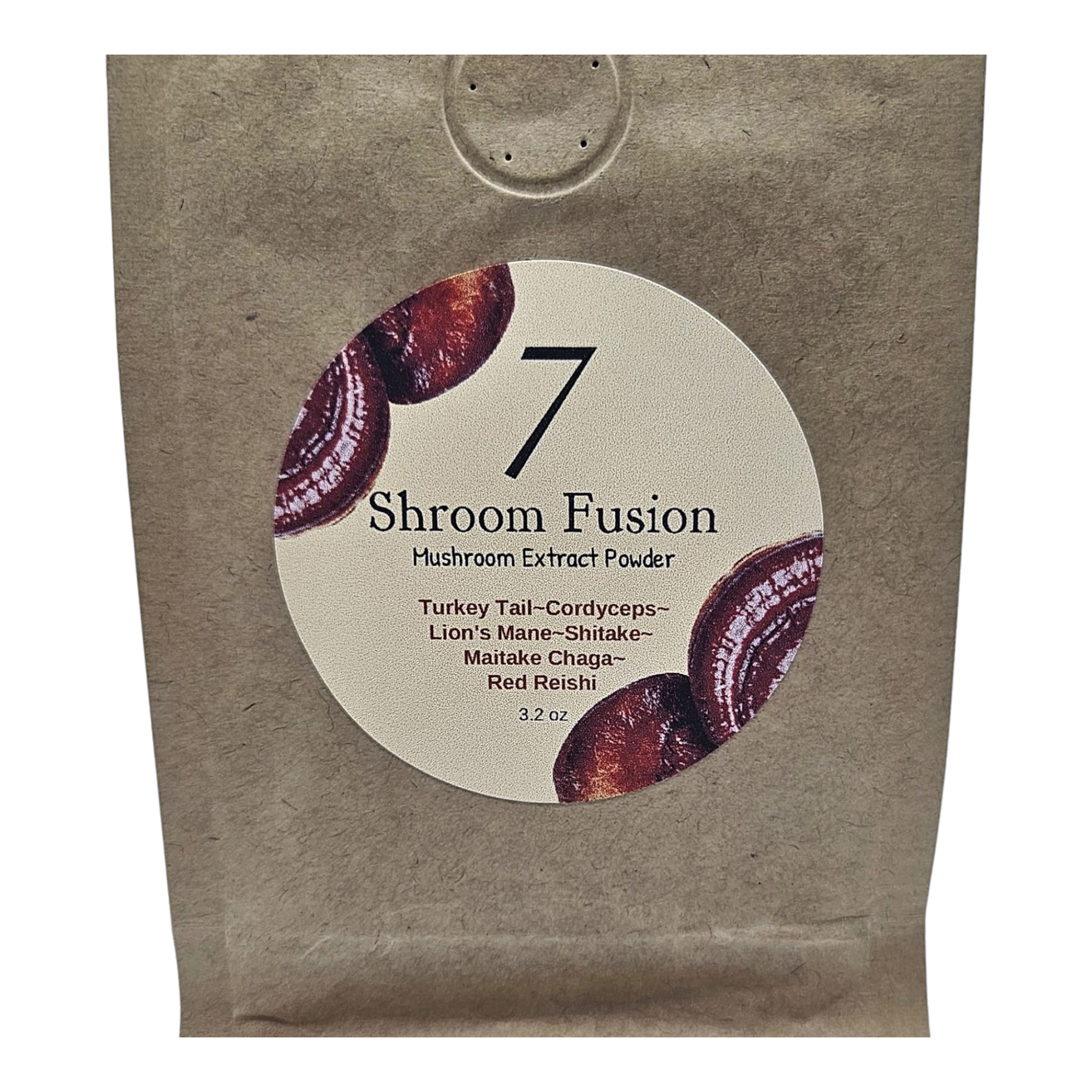 Front of brown bag with 7 mushroom blend. 