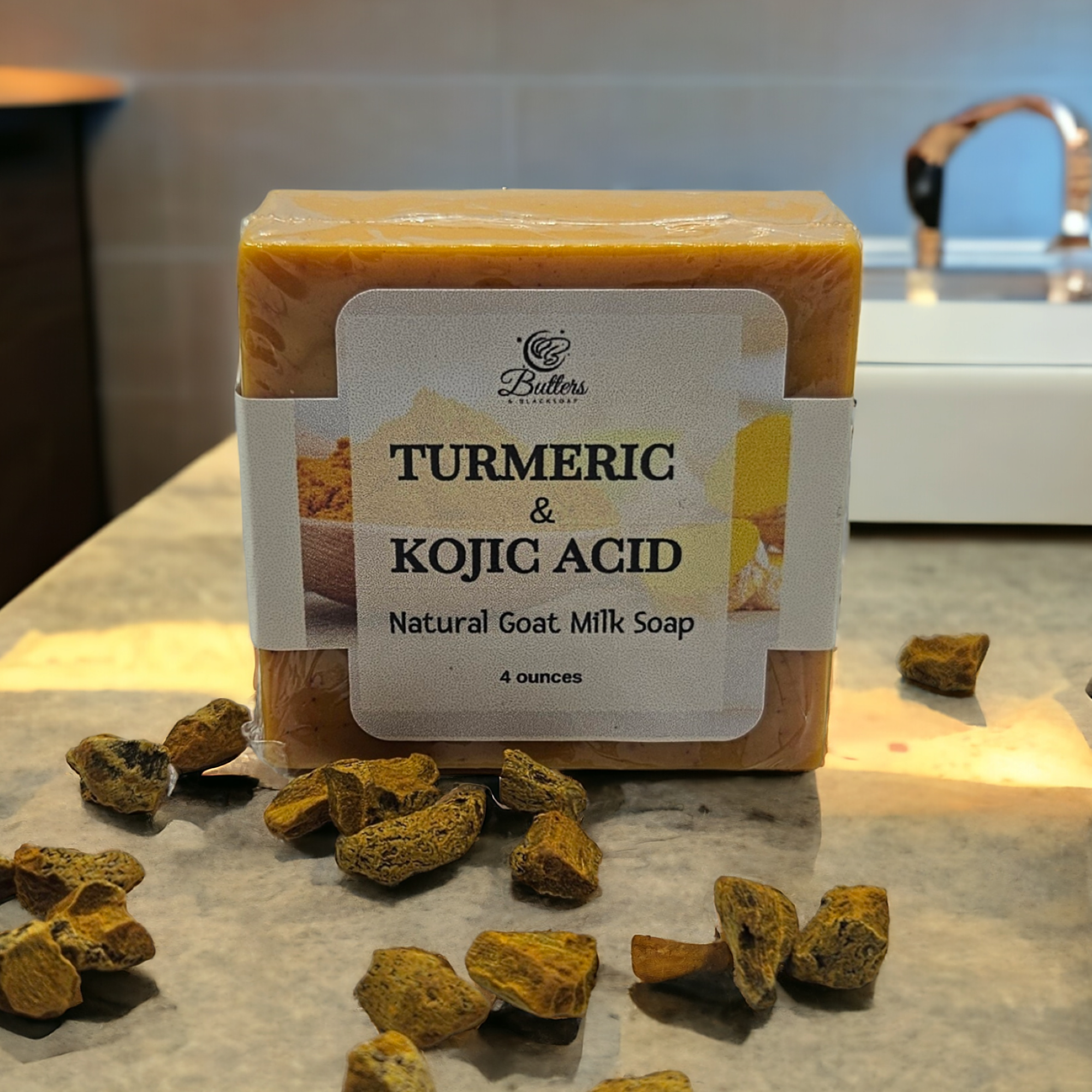 A bar of turmeric and kojic acid soap
