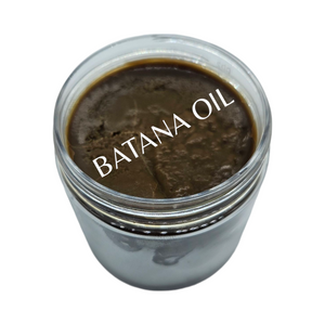 A jar of batana oil taken from above the jar showing a the brown solidified oil
