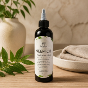 Bottle of Butlers Neem Oil on a wooden surface with leaves and a vase in the background