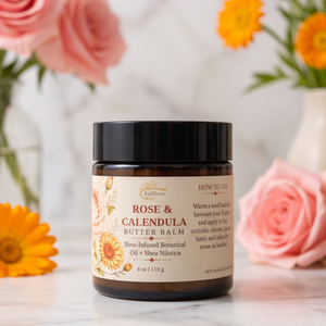 A jar of Rose & Calendula Butter Balm by Balmflower, set on a marble surface with soft-focus pink and orange flowers in the background.