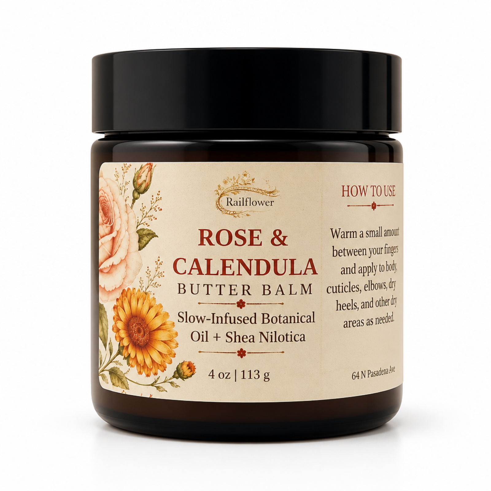 A jar of RailFlower Rose & Calendula Butter Balm with a black lid and a beige label decorated with floral illustrations, set against a plain white background.