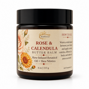A jar of RailFlower Rose & Calendula Butter Balm with a black lid and a beige label decorated with floral illustrations, set against a plain white background.
