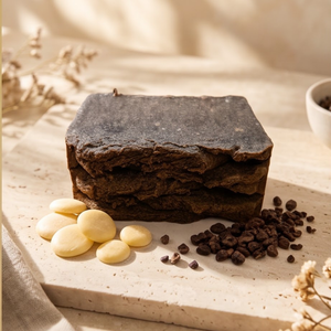 A rectangular dark brown bar of soap  sits on a light stone board, styled with cocoa butter wafers, cacao nibs, and dried flowers in a warm, sunlit setting.