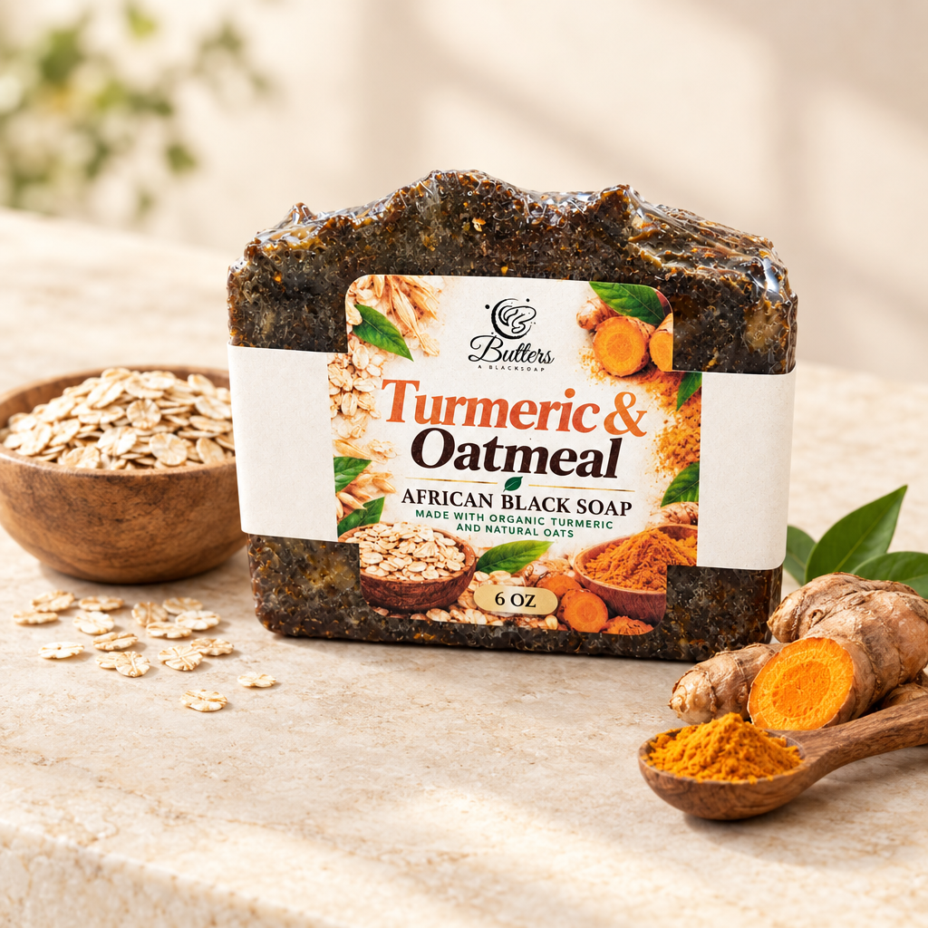 6 oz bar of turmeric and oatmeal african black soap bar. 