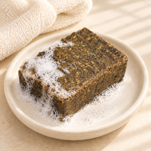 Soap lather scene without lavender buds or sprigs