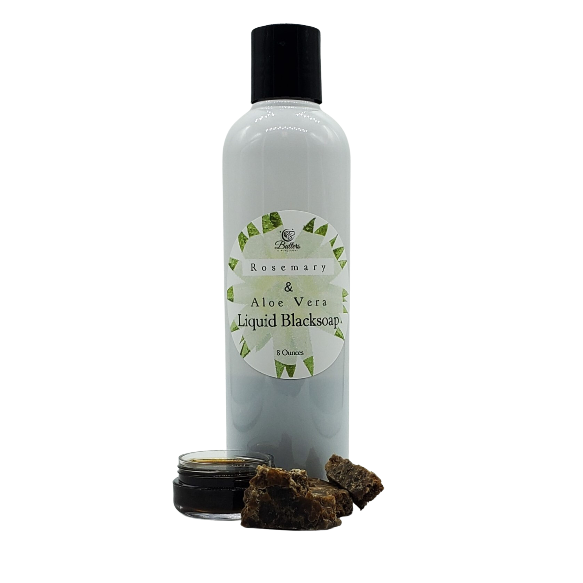 aloe and rosemary liquid blacksoap in side of a clear container.  Also a small pile of raw african blacksoap